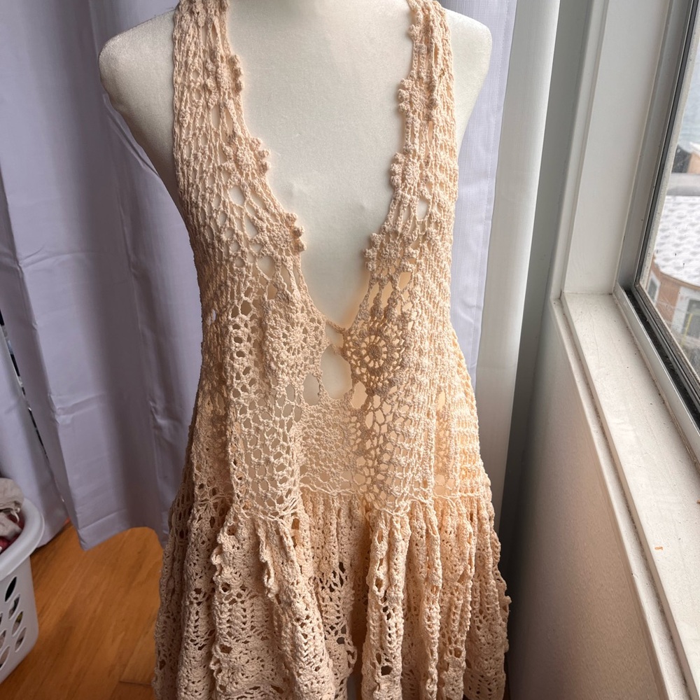Free People Crochet Halter Dress in Cream
